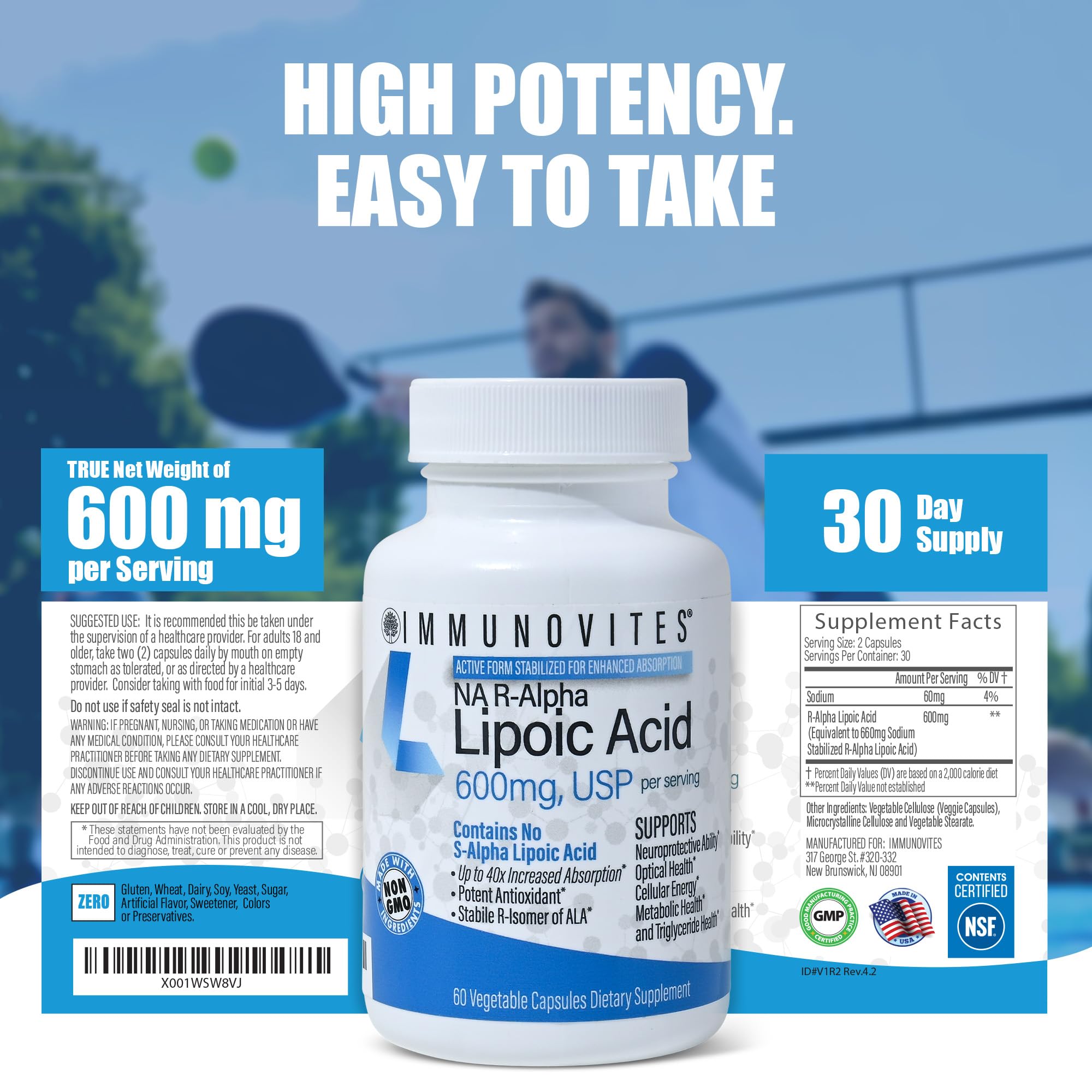 IMMUNOVITES Stabilized R-Alpha Lipoic Acid ((True)) 600mg per Serving [[High Potency & up to 40x Increased Absorption]] - Maple Wellness Supplements
