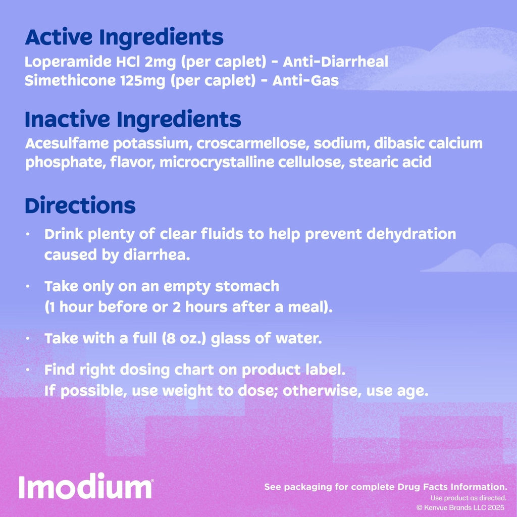 Imodium Multi-Symptom Relief Caplets, Loperamide Hydrochloride & Simethicone Anti-Diarrheal Medicine for the Relief of Diarrhea, Gas, Bloating, Cramps & Pressure, 18 ct - Maple Wellness Supplements
