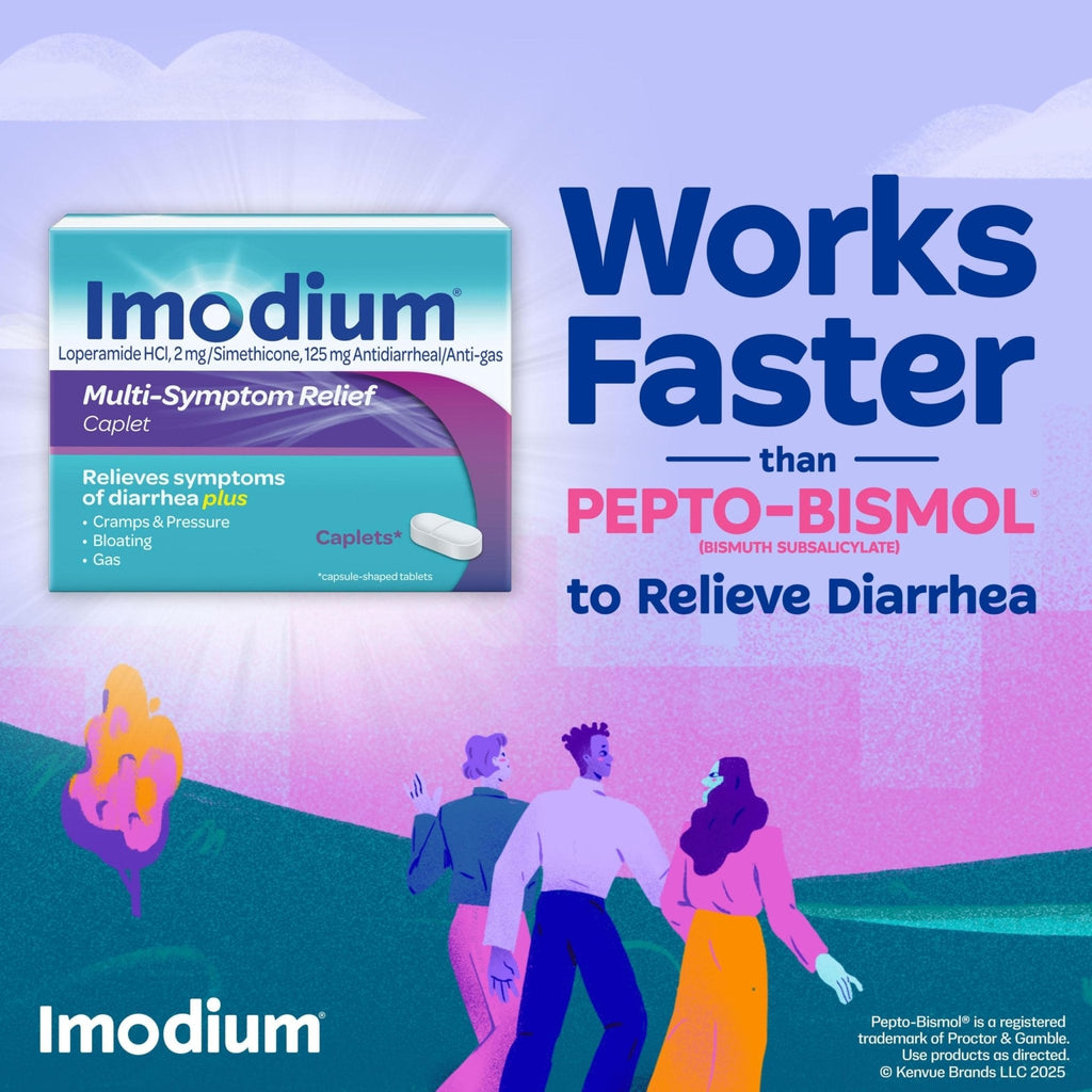 Imodium Multi-Symptom Relief Caplets, Loperamide Hydrochloride & Simethicone Anti-Diarrheal Medicine for the Relief of Diarrhea, Gas, Bloating, Cramps & Pressure, 18 ct - Maple Wellness Supplements