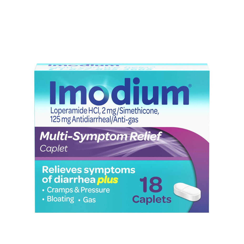 Imodium Multi-Symptom Relief Caplets, Loperamide Hydrochloride & Simethicone Anti-Diarrheal Medicine for the Relief of Diarrhea, Gas, Bloating, Cramps & Pressure, 18 ct - Maple Wellness Supplements