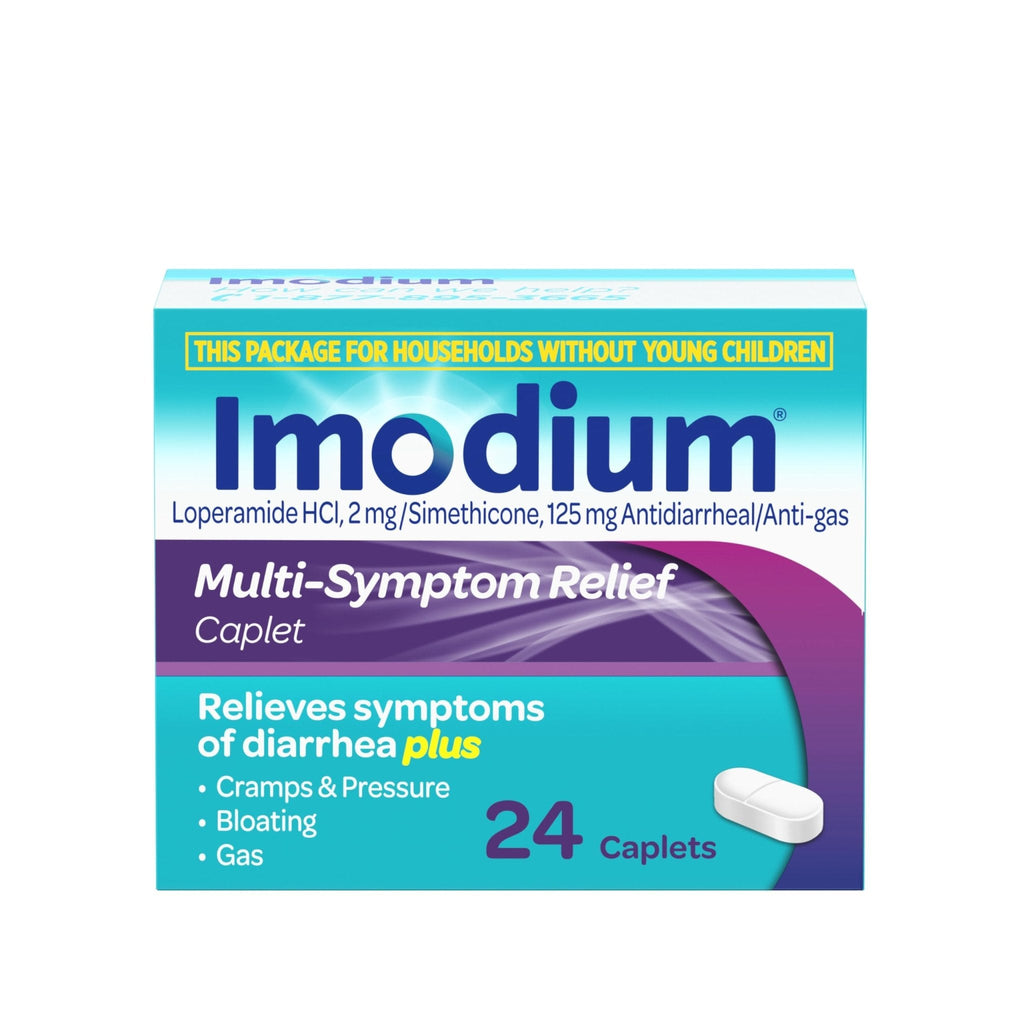 Imodium Multi-Symptom Relief Caplets with Loperamide Hydrochloride & Simethicone, Anti-Diarrheal Medicine for Treatment of Diarrhea, Gas, Bloating, Cramps & Pressure, Traveler's Diarrhea, 24 ct - Maple Wellness Supplements