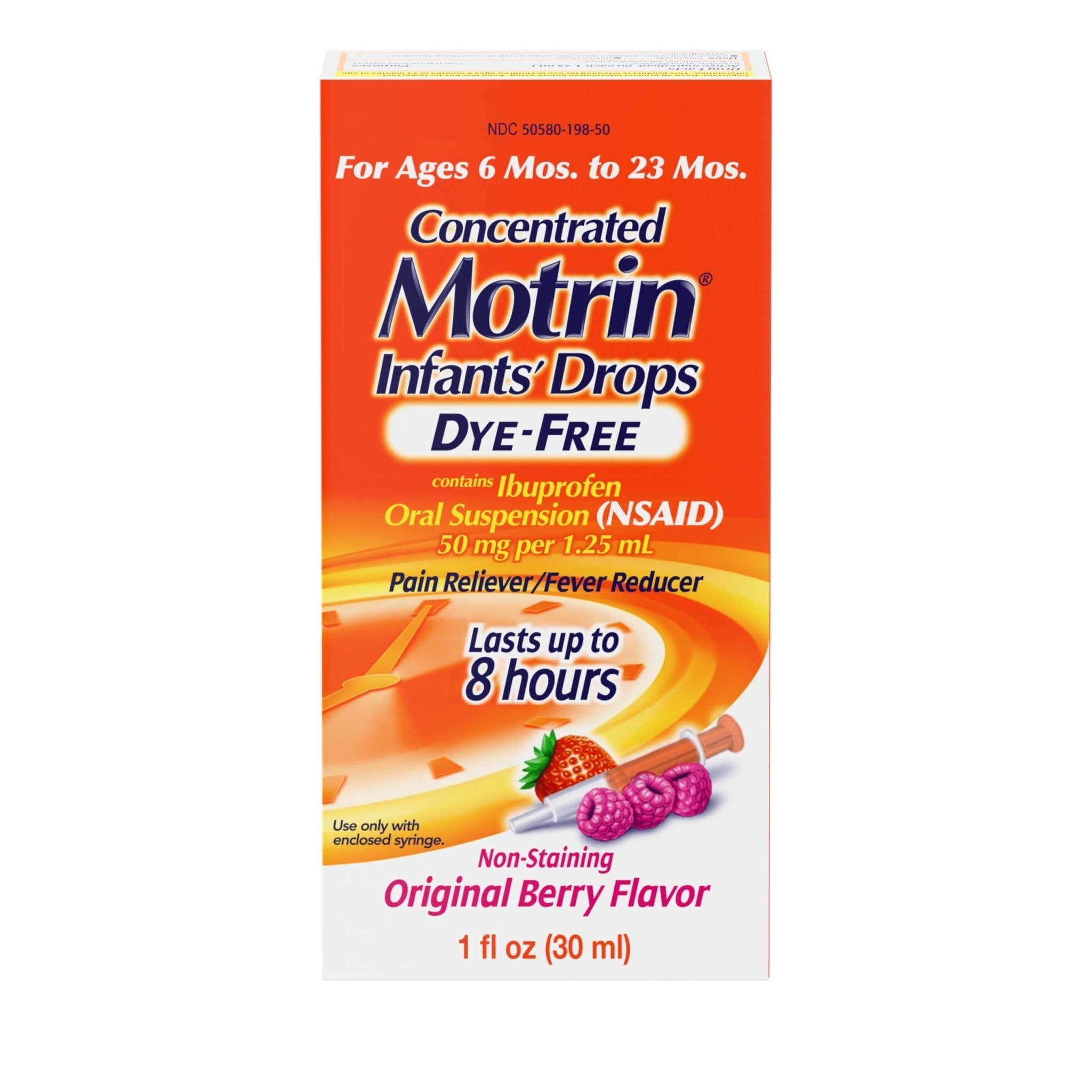 Infants’ Motrin Infant Ibuprofen Oral Suspension Concentrated Drops, NSAID Fever Reducer & Pain Reliever for Babies, Dye Free, Alcohol-Free, Berry Flavor, Includes Enclosed Syringe, 1 fl. oz - Maple Wellness Supplements