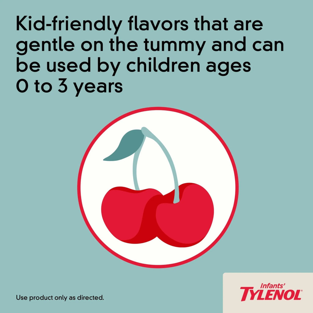 Infants' Tylenol Liquid Pain Reliever and Fever Reducer Medicine, Acetaminophen Oral Suspension for Sore Throat, Headache & Teething, Kids Fever Reducer; Dye-Free Cherry Flavor, 2 fl oz, Pack of 1 - TrustMedUSA