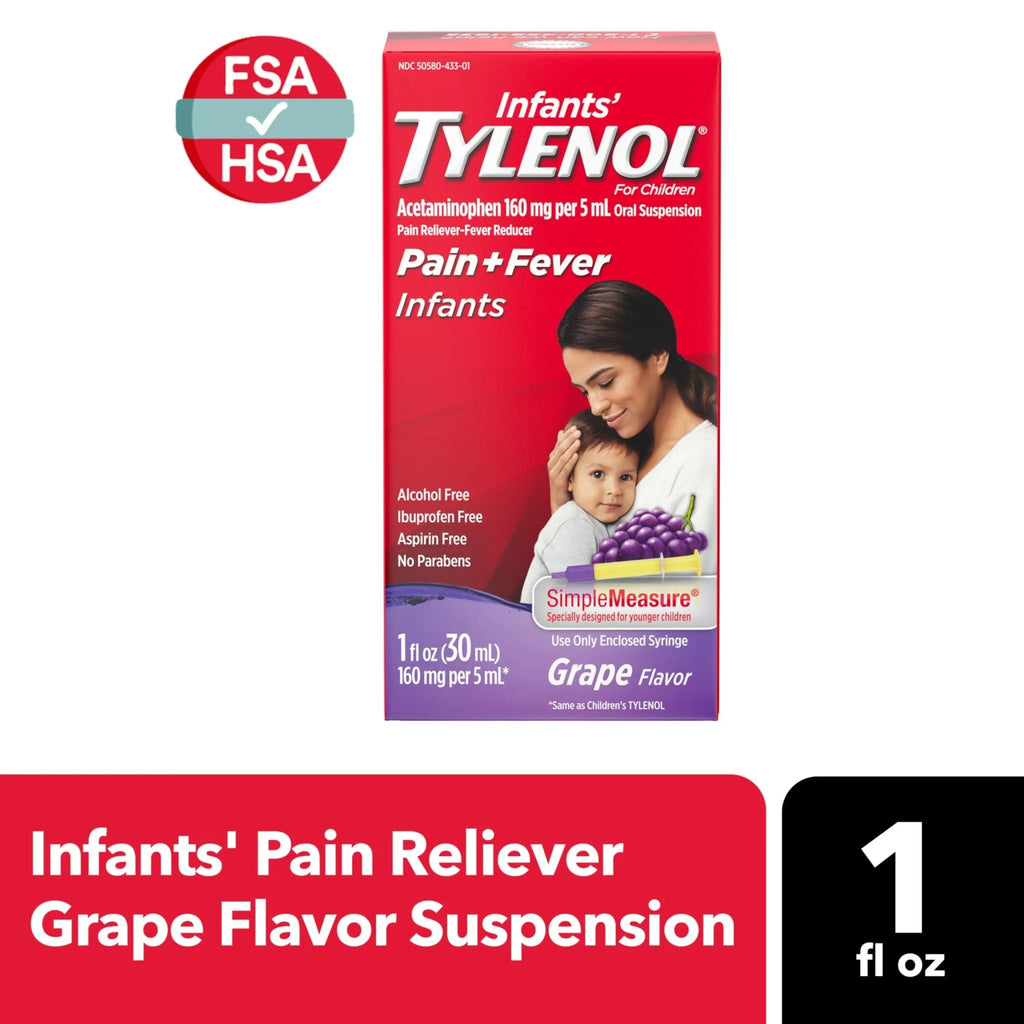 Infants' Tylenol Oral Suspension Liquid Medicine with Acetaminophen, Baby Fever Reducer & Pain Reliever for Minor Aches & Pains, Sore Throat, Headache & Toothache, Grape Flavor, 1 fl. oz - TrustMedUSA