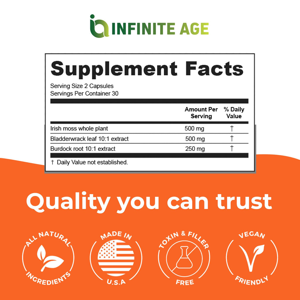 INFINITE AGE 1250mg Sea Moss Advanced Superfood Capsules, 60 Count - High-Potency, Vegan, Made in The USA - Irish Seamoss, Bladderwrack, - TrustMedUSA