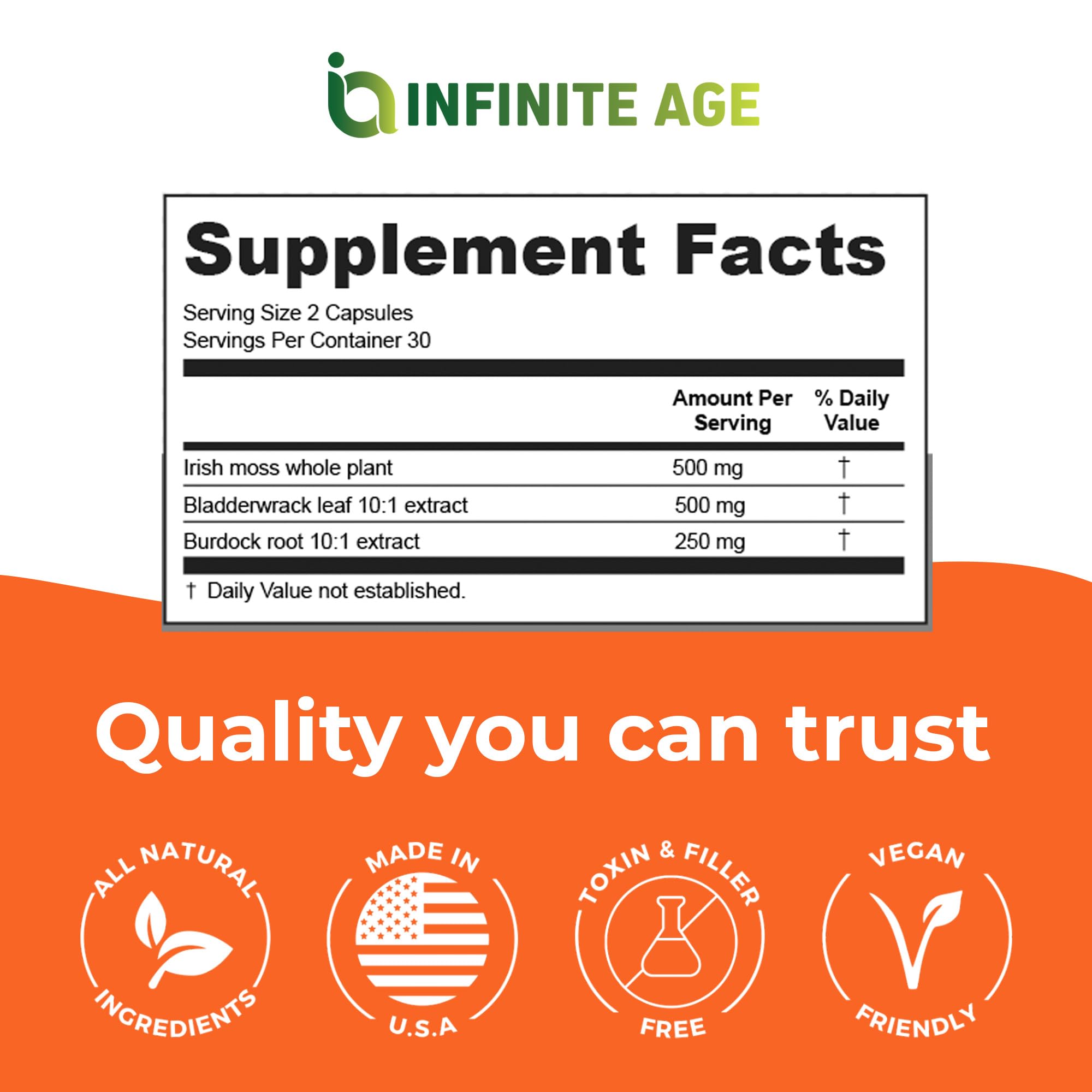 INFINITE AGE 1250mg Sea Moss Advanced Superfood Capsules, 60 Count - High-Potency, Vegan, Made in The USA - Irish Seamoss, Bladderwrack, - TrustMedUSA