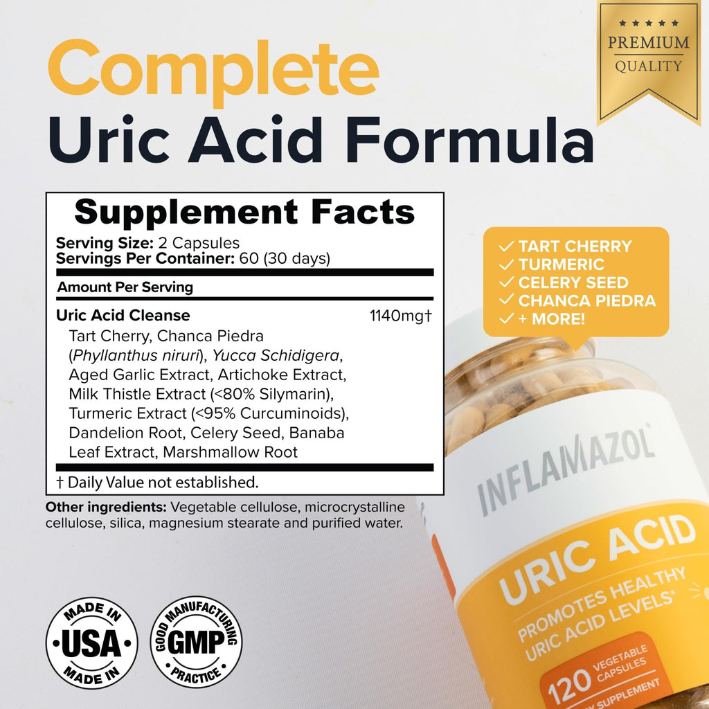 Inflamazol Uric Acid Cleanse – Premium Uric Acid Flush with Tart Cherry, Turmeric & Celery Seed for Joint & Uric Acid Support – Joint Supplements for Men & Women – 120 Capsules - TrustMedUSA