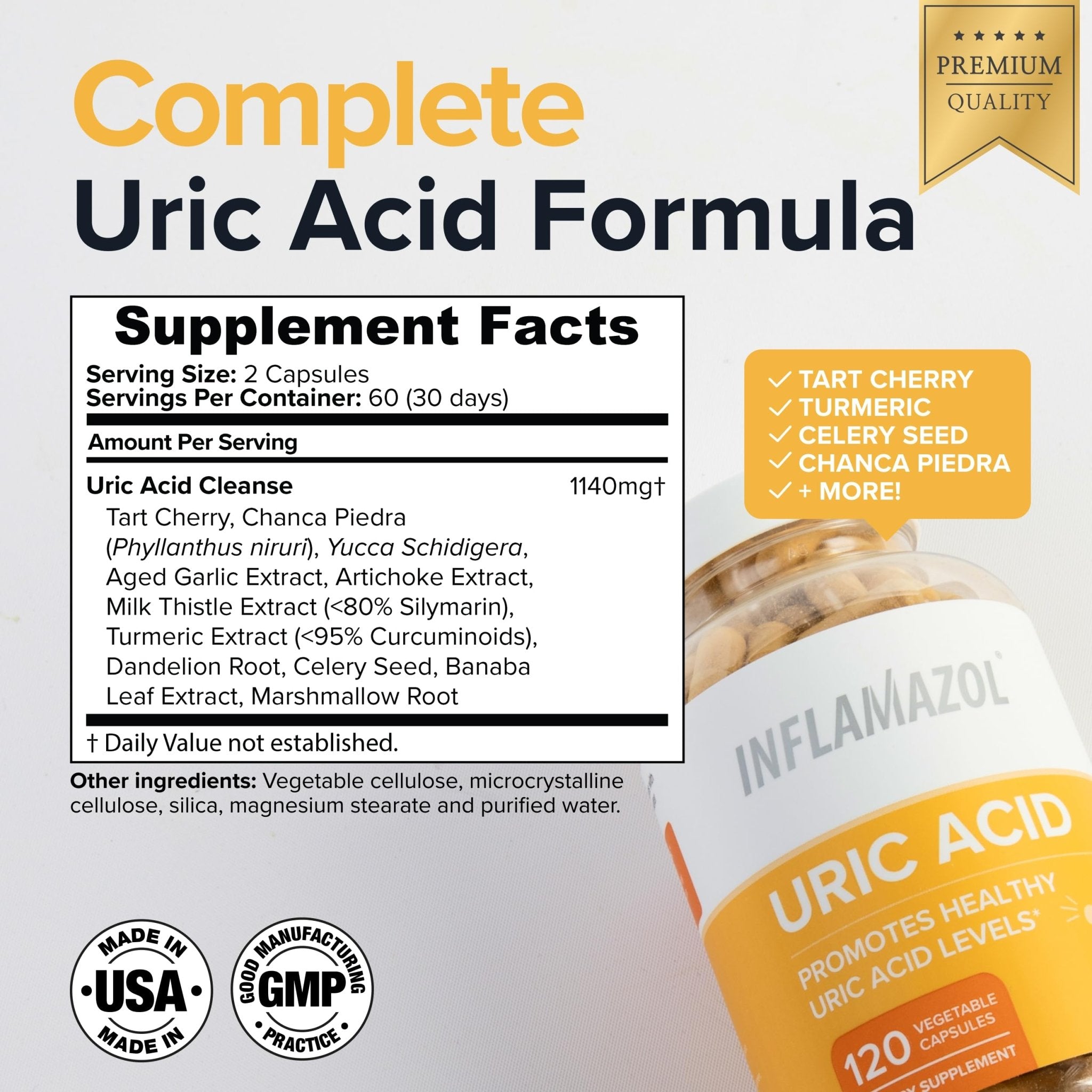 Inflamazol Uric Acid Cleanse – Premium Uric Acid Flush with Tart Cherry, Turmeric & Celery Seed for Joint & Uric Acid Support – Joint Supplements for Men & Women – 120 Capsules - TrustMedUSA