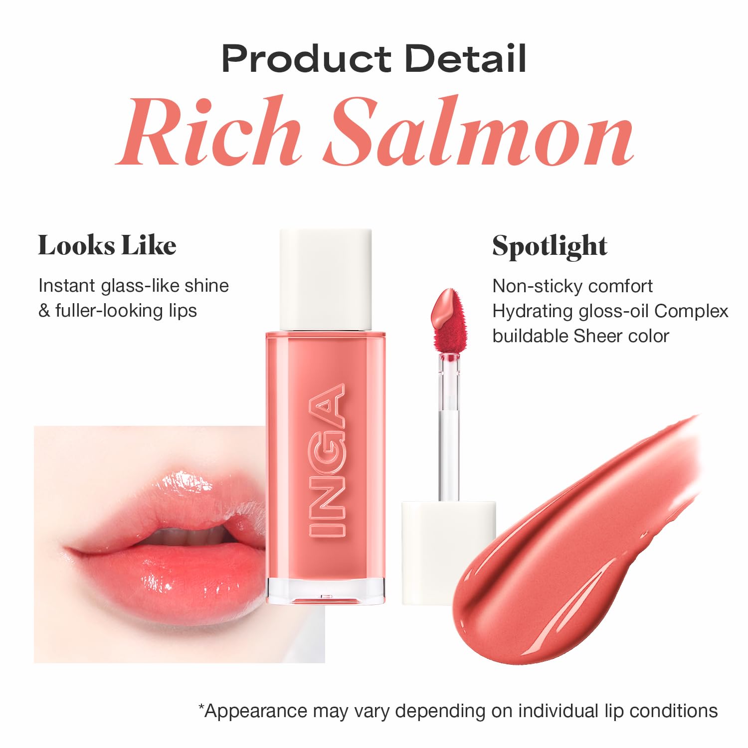 INGA Water Glow Lip Tint | Hydrating, Glossy Korean Lip Tint with Sheer Color & Glass-Like Shine | Long-Lasting, Non-Sticky Korean Lip Stain (RICH SALMON) - TrustMedUSA