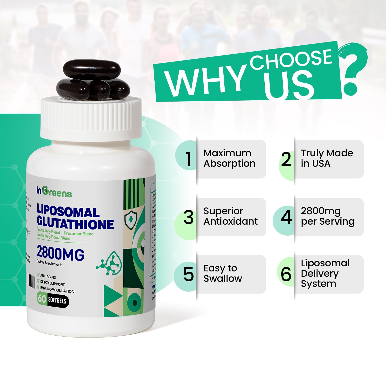 inGreens 2800 MG Liposomal Glutathione Supplement, Detoxifying & Immune, Aging Defense, Energy, Glutathione Unique Formulation Reduced - TrustMedUSA