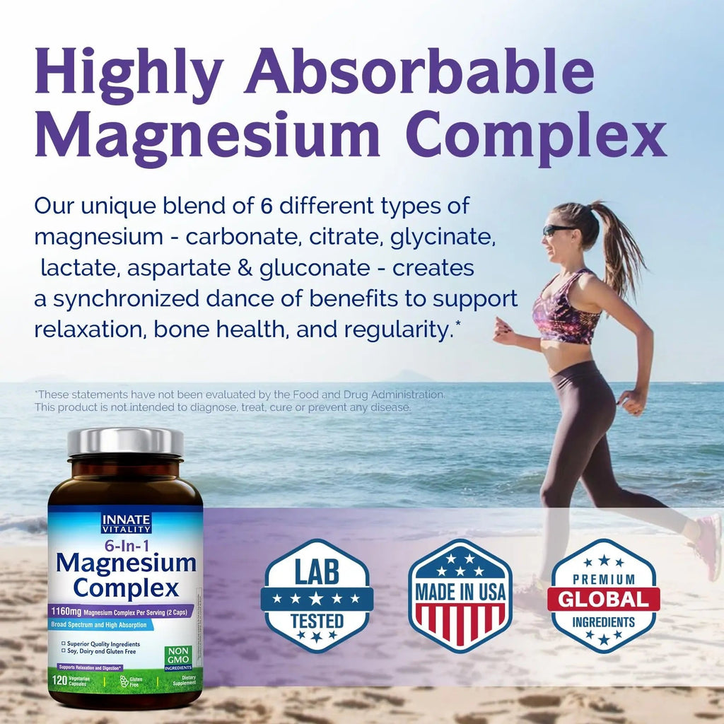 Innate Vitality Magnesium Complex 6-in-1, 1160mg Per Serving, Rest & Digestion, Magnesium Glycinate & Citrate, High Absorption, 120 Vegan Capsules - TrustMedUSA