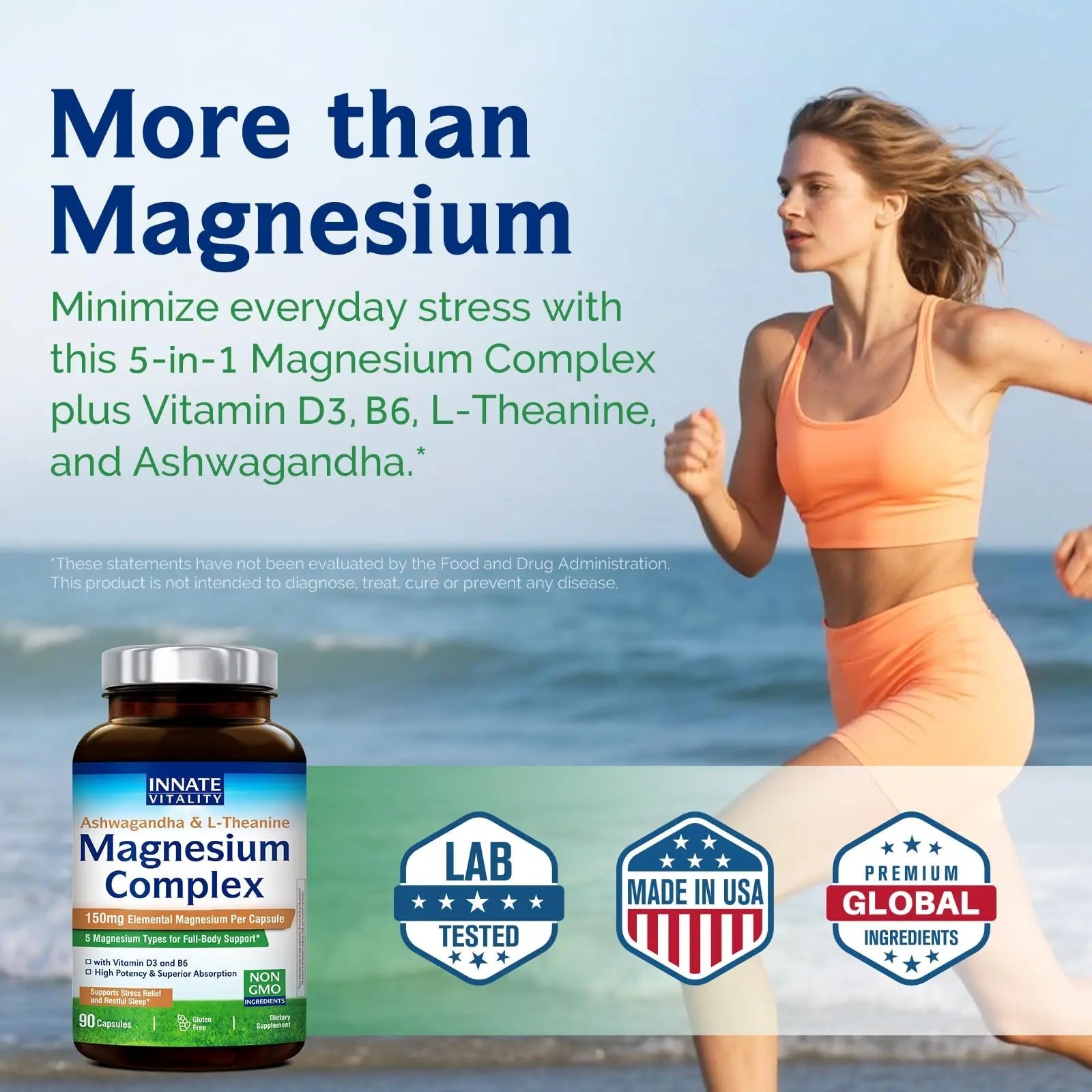 Innate Vitality Magnesium Complex, Magnesium Glycinate Citrate Malate Taurate with Ashwagandha L-Theanine Vitamin D3 & B6, High Absorption, Full Spectrum, Bones Stress Sleep Support, 90 caps - TrustMedUSA