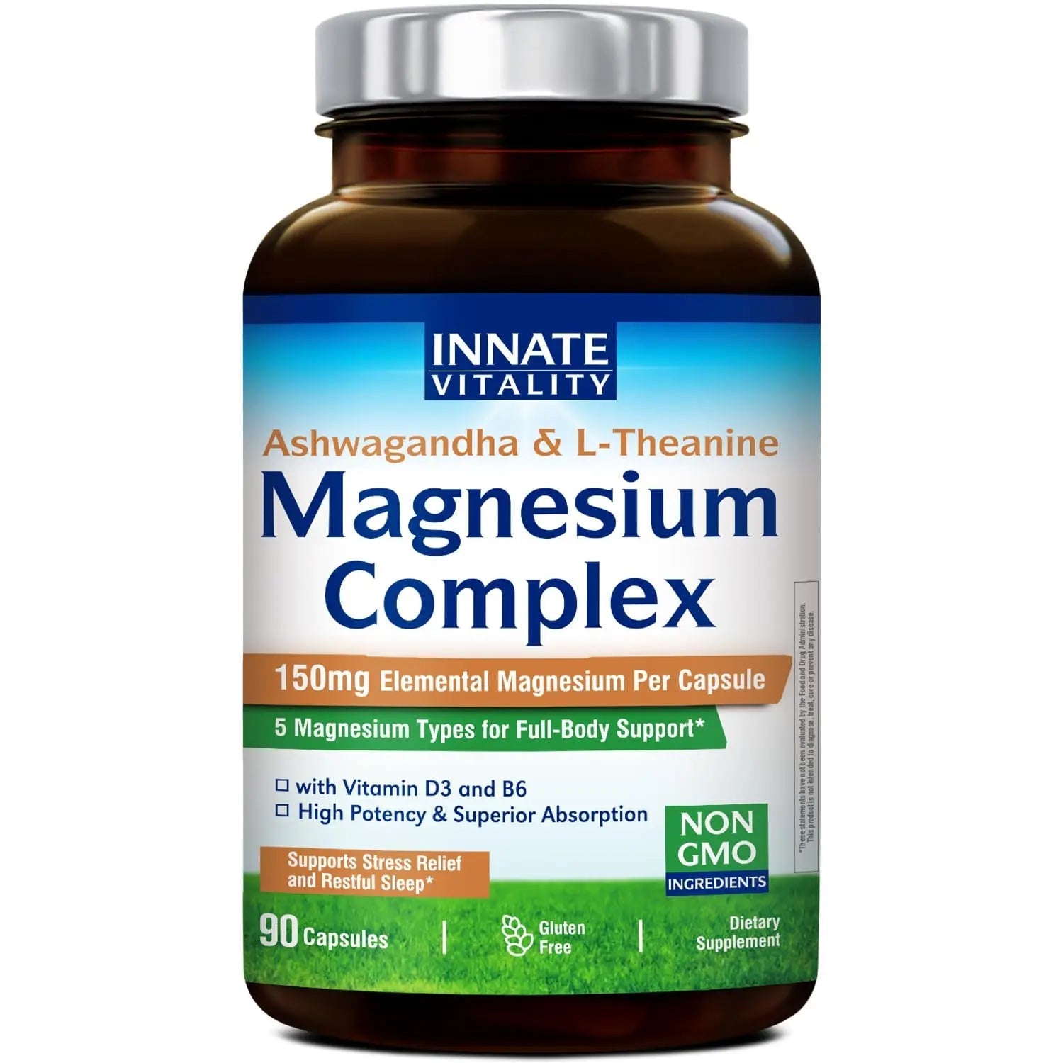 Innate Vitality Magnesium Complex, Magnesium Glycinate Citrate Malate Taurate with Ashwagandha L-Theanine Vitamin D3 & B6, High Absorption, Full Spectrum, Bones Stress Sleep Support, 90 caps - TrustMedUSA