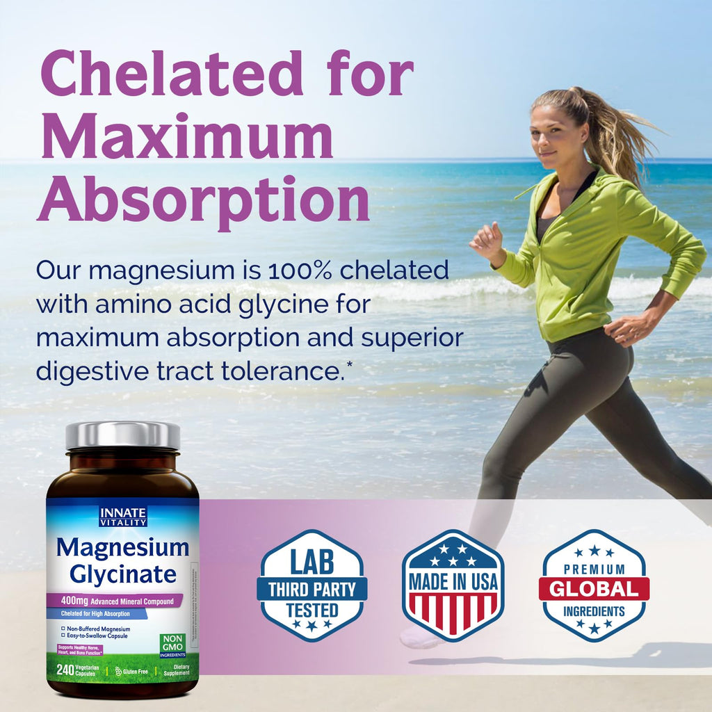 Innate Vitality Magnesium Glycinate 400mg, Non Buffered & High Absorption Magnesium Supplement for Sleep, Relaxation, Heart & Bone Health for Men & Women, Non-GMO, No Gluten, 240 Vegan Capsules - TrustMedUSA