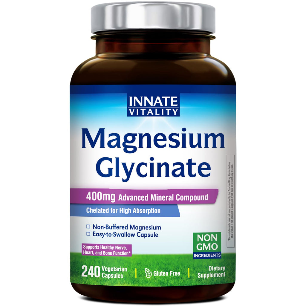 Innate Vitality Magnesium Glycinate 400mg, Non Buffered & High Absorption Magnesium Supplement for Sleep, Relaxation, Heart & Bone Health for Men & Women, Non-GMO, No Gluten, 240 Vegan Capsules - TrustMedUSA