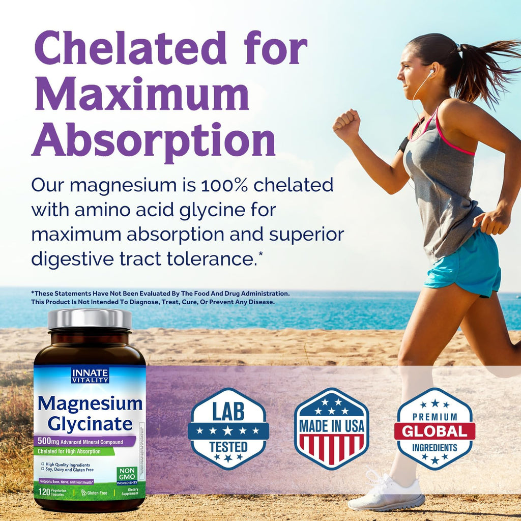 Innate Vitality Magnesium Glycinate 500mg | 70mg Elemental Magnesium Supplement - High Absorption, Non Buffered, Non-GMO & No Gluten - Vegan - Nerve Health - 120 Capsules (Pack of 1) - TrustMedUSA