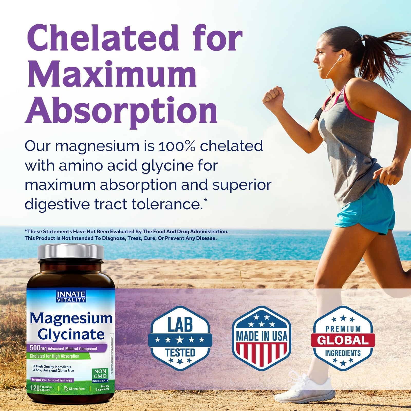 Innate Vitality Magnesium Glycinate 500mg | 70mg Elemental Magnesium Supplement - High Absorption, Non Buffered, Non-GMO & No Gluten - Vegan - Nerve Health - 120 Capsules (Pack of 1) - TrustMedUSA