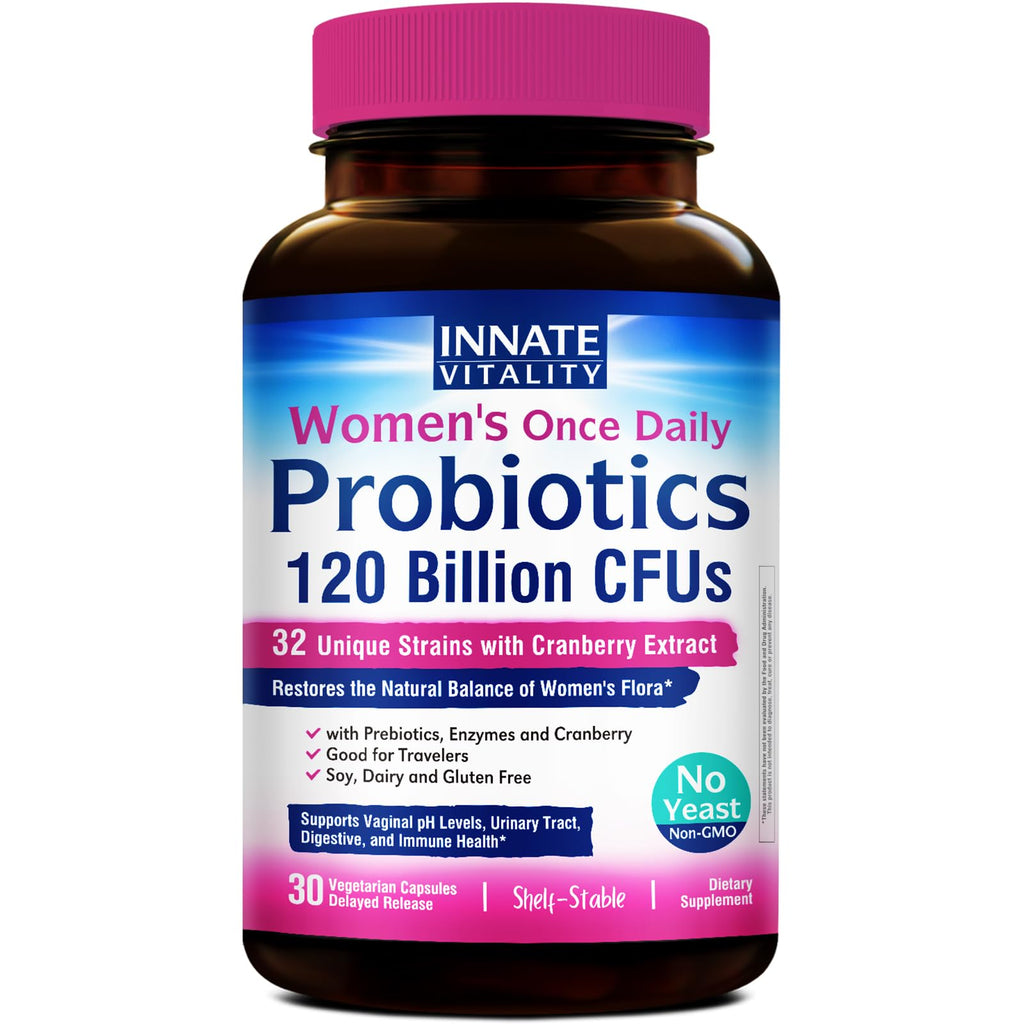 Innate Vitality Women's Probiotics, 120 Billion CFU, 32 Tested Strains, Probiotics for Women, Yeast Control, Vaginal pH Support, Prebiotics, Digestive Enzymes, Cranberry, Once Daily 30 Veggie Capsules - Maple Wellness Supplements