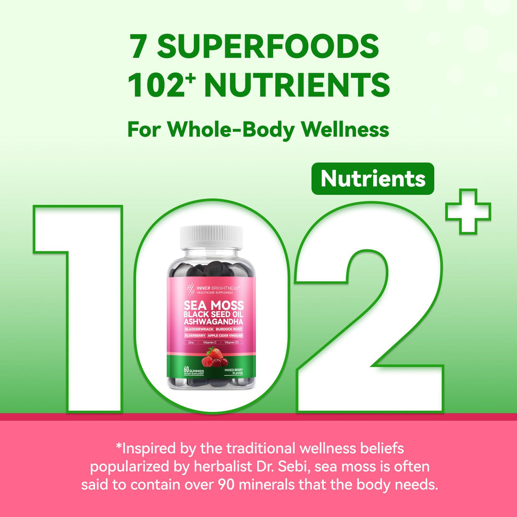 Inner Brightness Sea Moss 4000mg Gummies with Ashwagandha, Elderberry, Apple Cider Vinegar, Bladderwrack, Burdock Root – Immune Support – Mixed Berry Flavor – 60 Count - TrustMedUSA