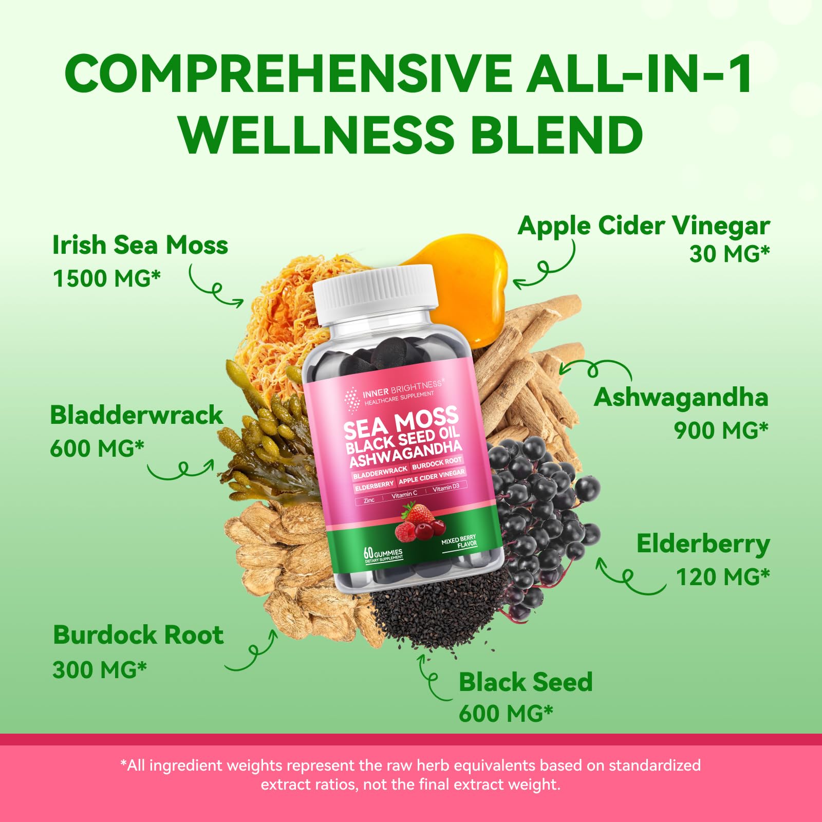 Inner Brightness Sea Moss 4000mg Gummies with Ashwagandha, Elderberry, Apple Cider Vinegar, Bladderwrack, Burdock Root – Immune Support – Mixed Berry Flavor – 60 Count - TrustMedUSA