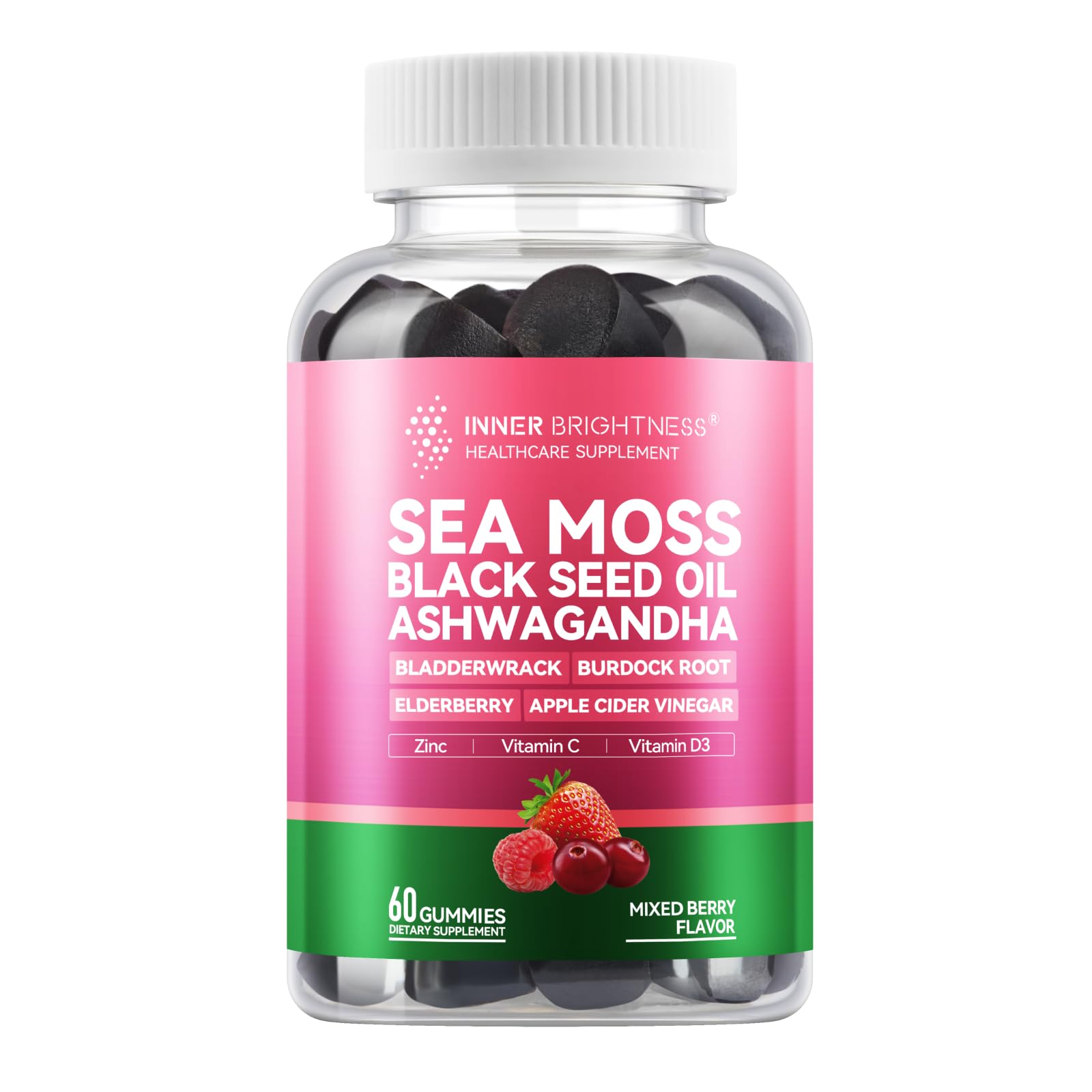 Inner Brightness Sea Moss 4000mg Gummies with Ashwagandha, Elderberry, Apple Cider Vinegar, Bladderwrack, Burdock Root – Immune Support – Mixed Berry Flavor – 60 Count - TrustMedUSA