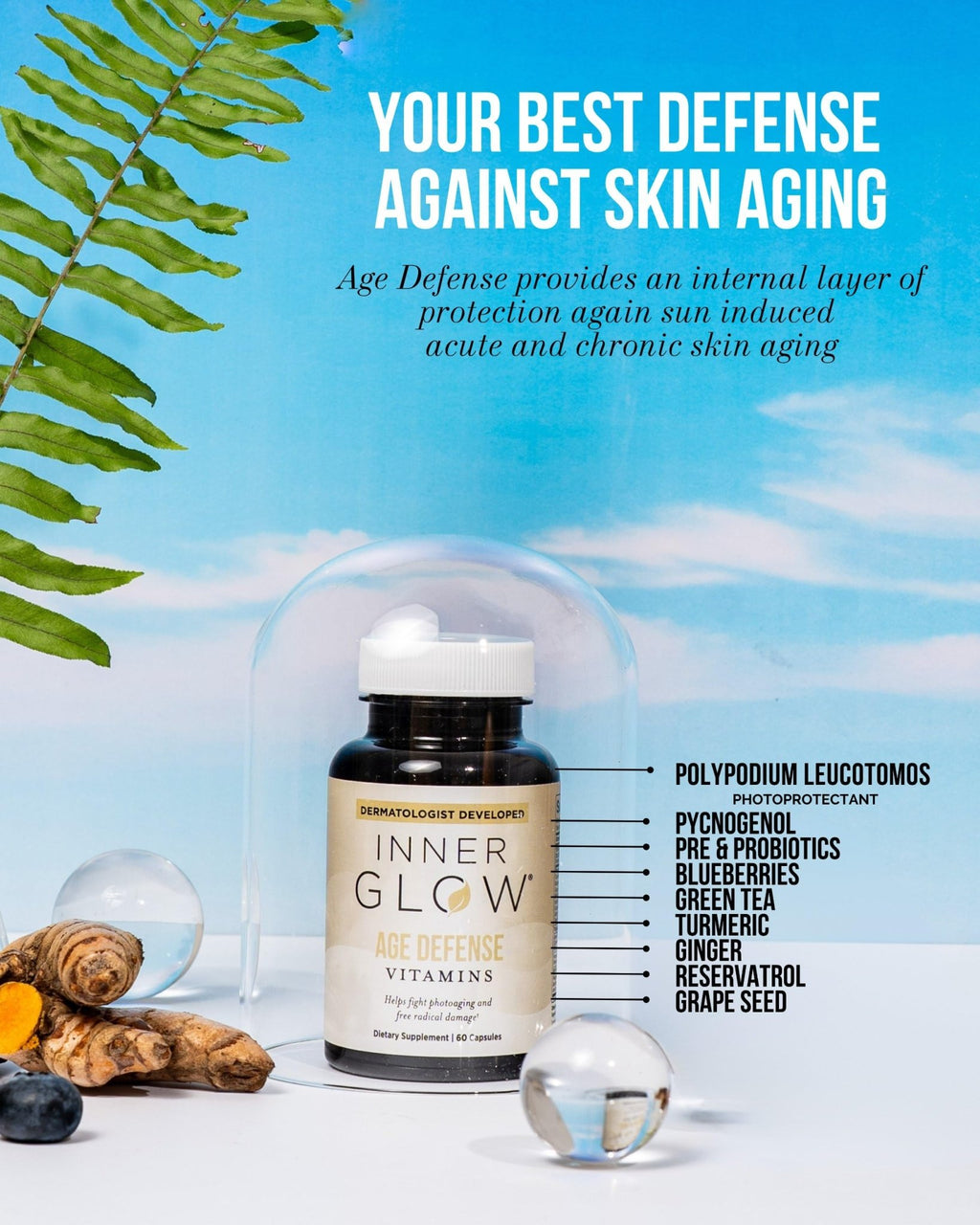 Inner Glow Age Defense Vitamins - Dermatologist and Plastic Surgeon Developed to Fight photoaging and Melasma, Polypodium Leucotomos Antioxidant Formula – Vegan, Gluten-Free – 60 Capsules - TrustMedUSA