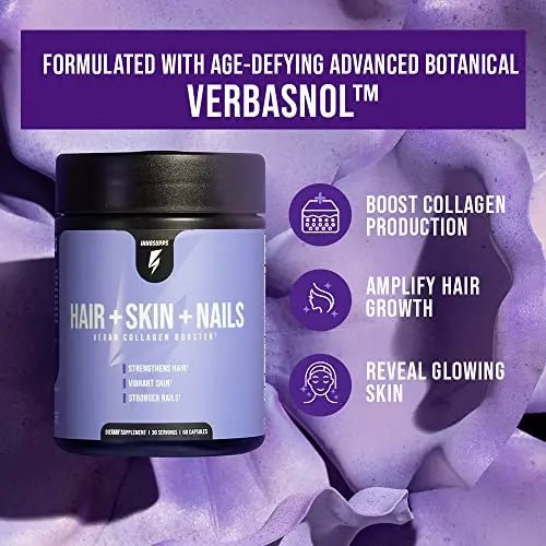 InnoSupps Hair + Skin + Nails | Vegan Collagen Booster | Biotin, Verbasnol, B12, Horsetail - TrustMedUSA
