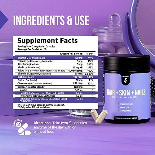 InnoSupps Hair + Skin + Nails | Vegan Collagen Booster | Biotin, Verbasnol, B12, Horsetail - TrustMedUSA