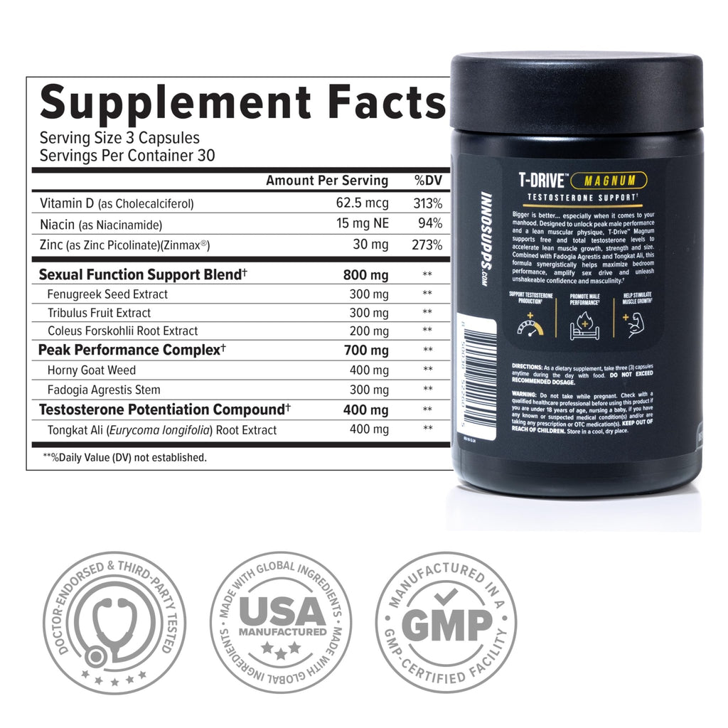 InnoSupps T-Drive Magnum Testosterone Booster Enhance Peak Performance Amplify Muscle Growth, Increase Libido & Energy Levels, Horny Goat Weed Tongkat Ali, Zinc, Fenugreek, Fat Burner 90 Caps/30 Days - TrustMedUSA
