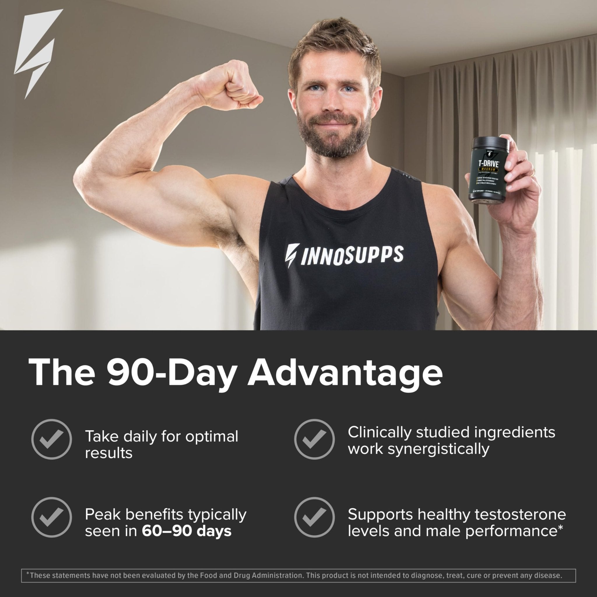 InnoSupps T-Drive Magnum Testosterone Booster Enhance Peak Performance Amplify Muscle Growth, Increase Libido & Energy Levels, Horny Goat Weed Tongkat Ali, Zinc, Fenugreek, Fat Burner 90 Caps/30 Days - TrustMedUSA