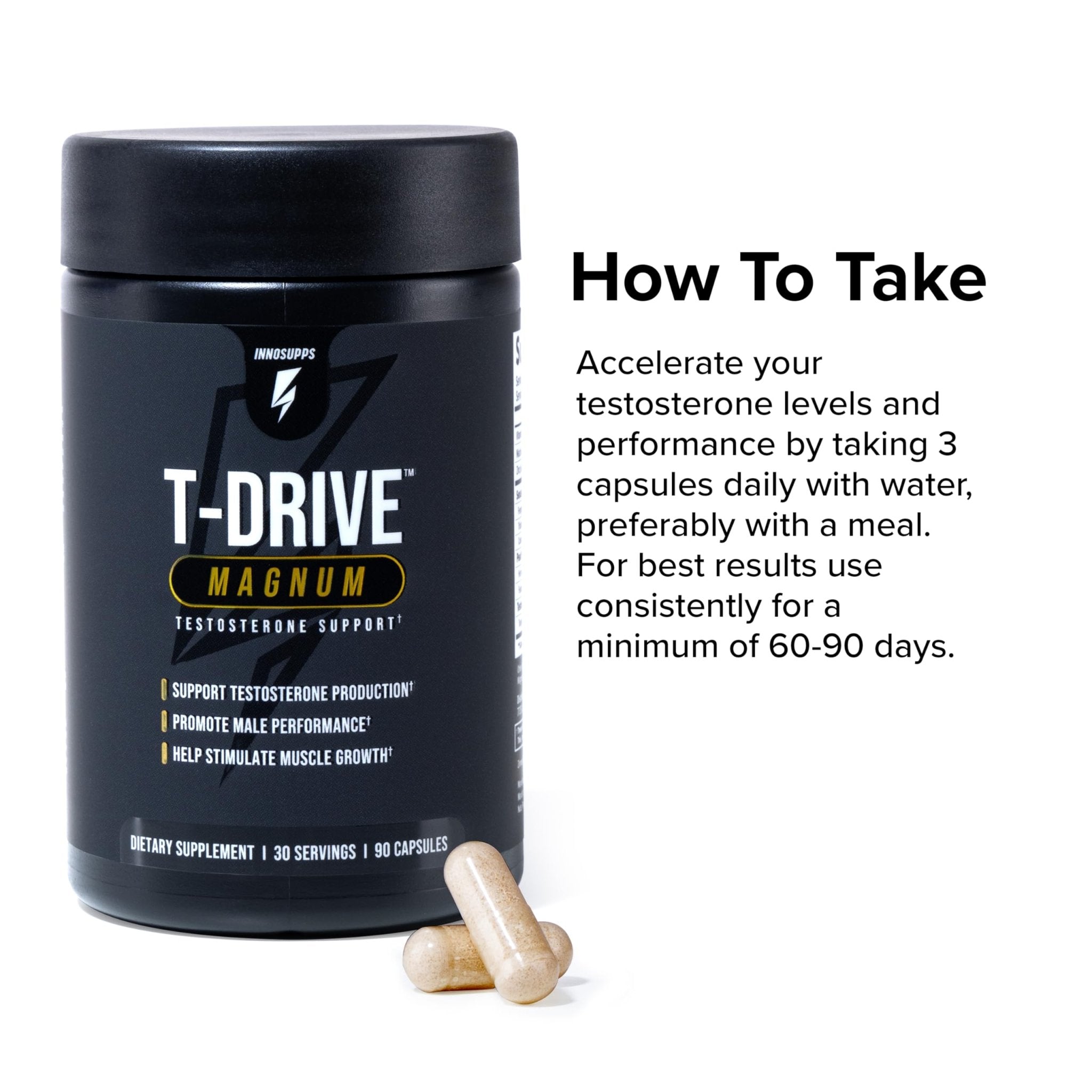 InnoSupps T-Drive Magnum Testosterone Booster Enhance Peak Performance Amplify Muscle Growth, Increase Libido & Energy Levels, Horny Goat Weed Tongkat Ali, Zinc, Fenugreek, Fat Burner 90 Caps/30 Days - TrustMedUSA