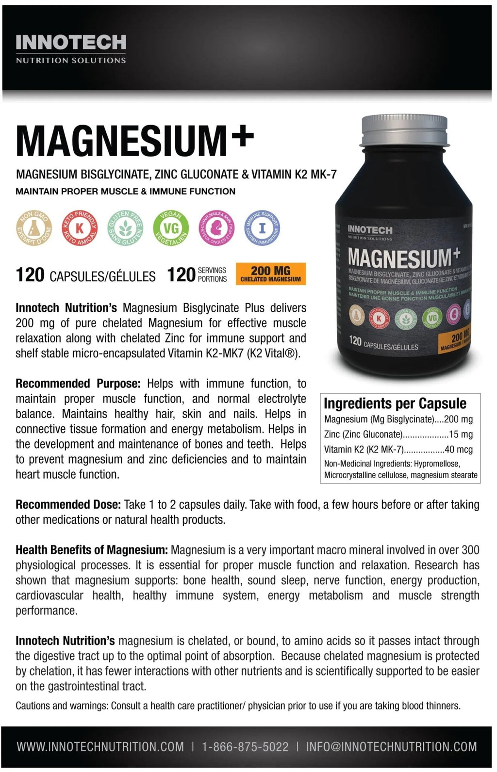 Innotech Nutrition Magnesium Plus Muscle Bone & Sleep Support Magnesium Bisglycinate Zinc & Vitamin K2 120 Vegan Capsules - TrustMedUSA