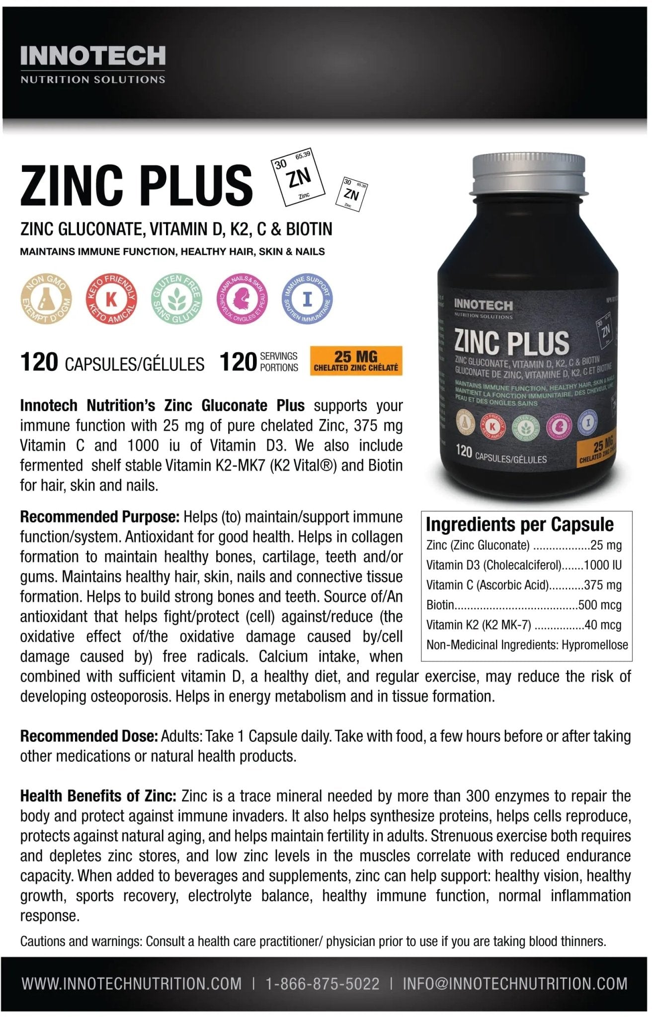 Innotech Nutrition Zinc Plus Immune Hair Skin & Nails Support Chelated Zinc Vitamin D3 & Biotin 120 Vegan Capsules - TrustMedUSA