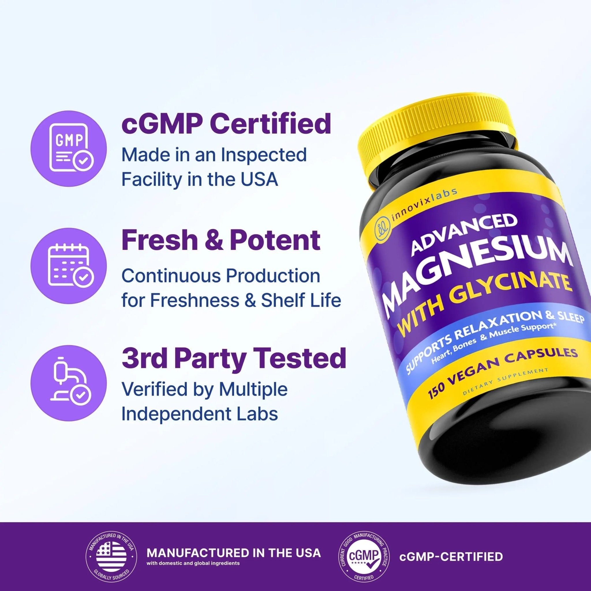 InnovixLabs Advanced Magnesium Capsules - 150 Ct, 210 mg - Chelated Glycinate and Malate - High Absorption, Promotes Relaxation, Bones, Muscle Health, Vegan Malate Sleep Supplement - TrustMedUSA