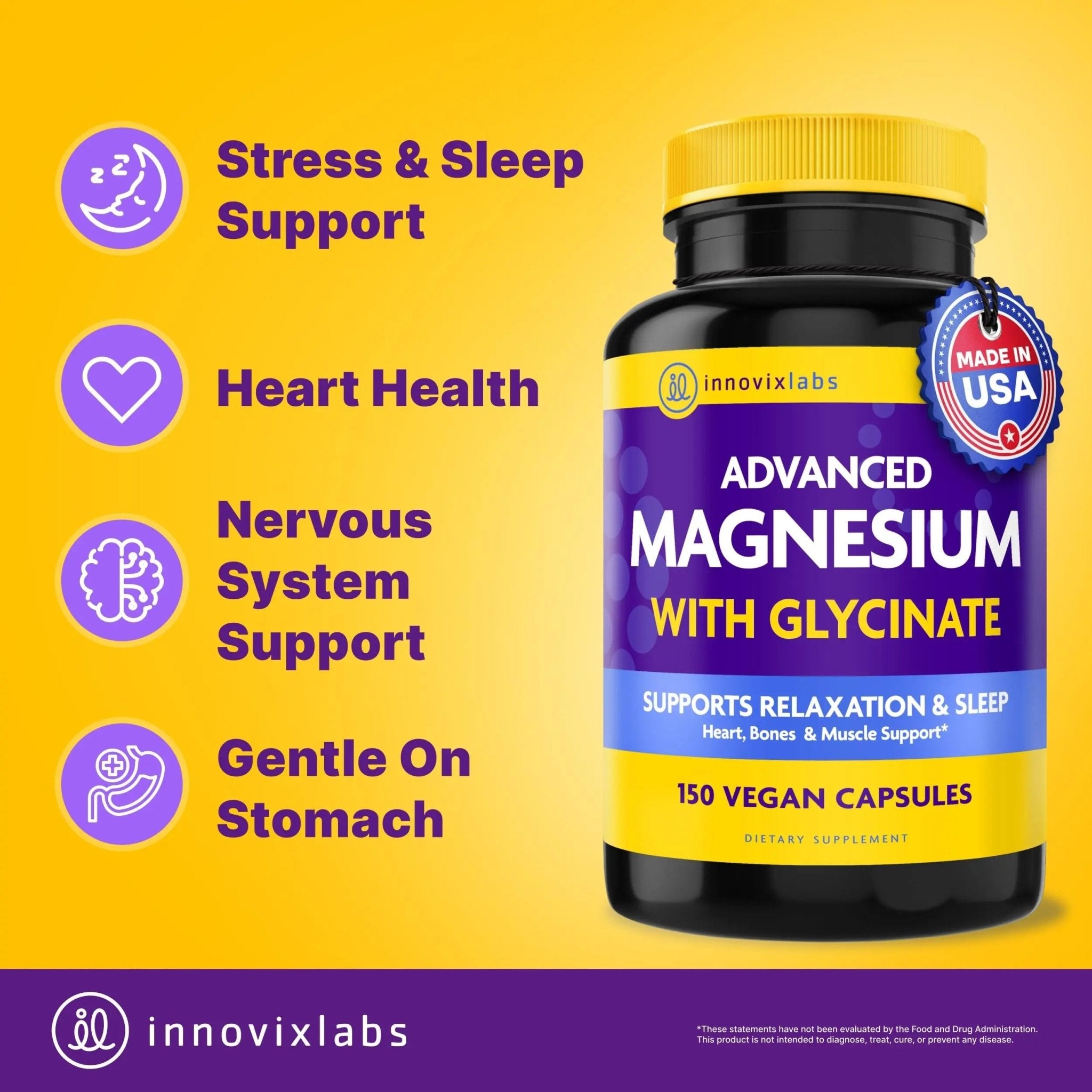 InnovixLabs Advanced Magnesium Capsules - 150 Ct, 210 mg - Chelated Glycinate and Malate - High Absorption, Promotes Relaxation, Bones, Muscle Health, Vegan Malate Sleep Supplement - TrustMedUSA