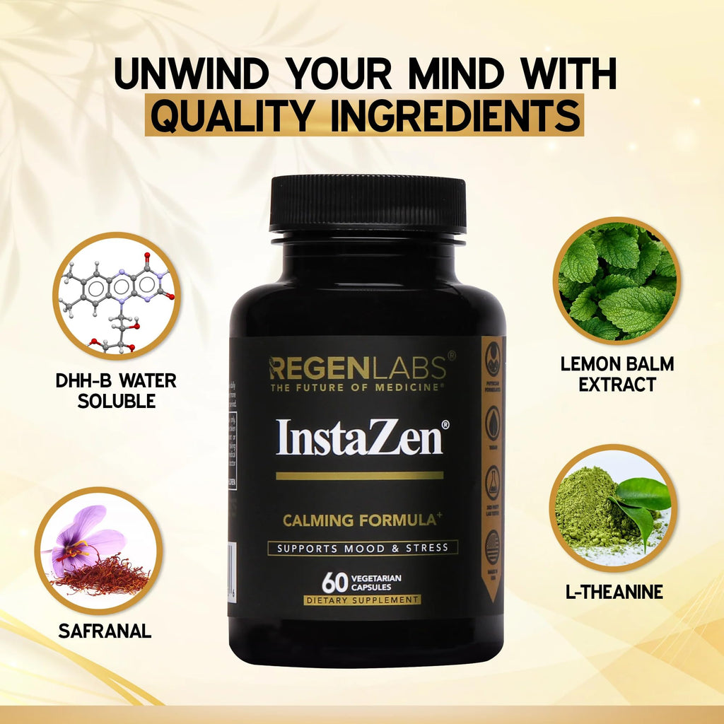 InstaZen Natural Stress Relief Supplement Mood Support | Doctor Formulated Herbal Calm Formula with DHHB, Safranal Extract, L-Theanine, Lemon Balm | Stress Support - 60 Capsules Regen Labs - TrustMedUSA