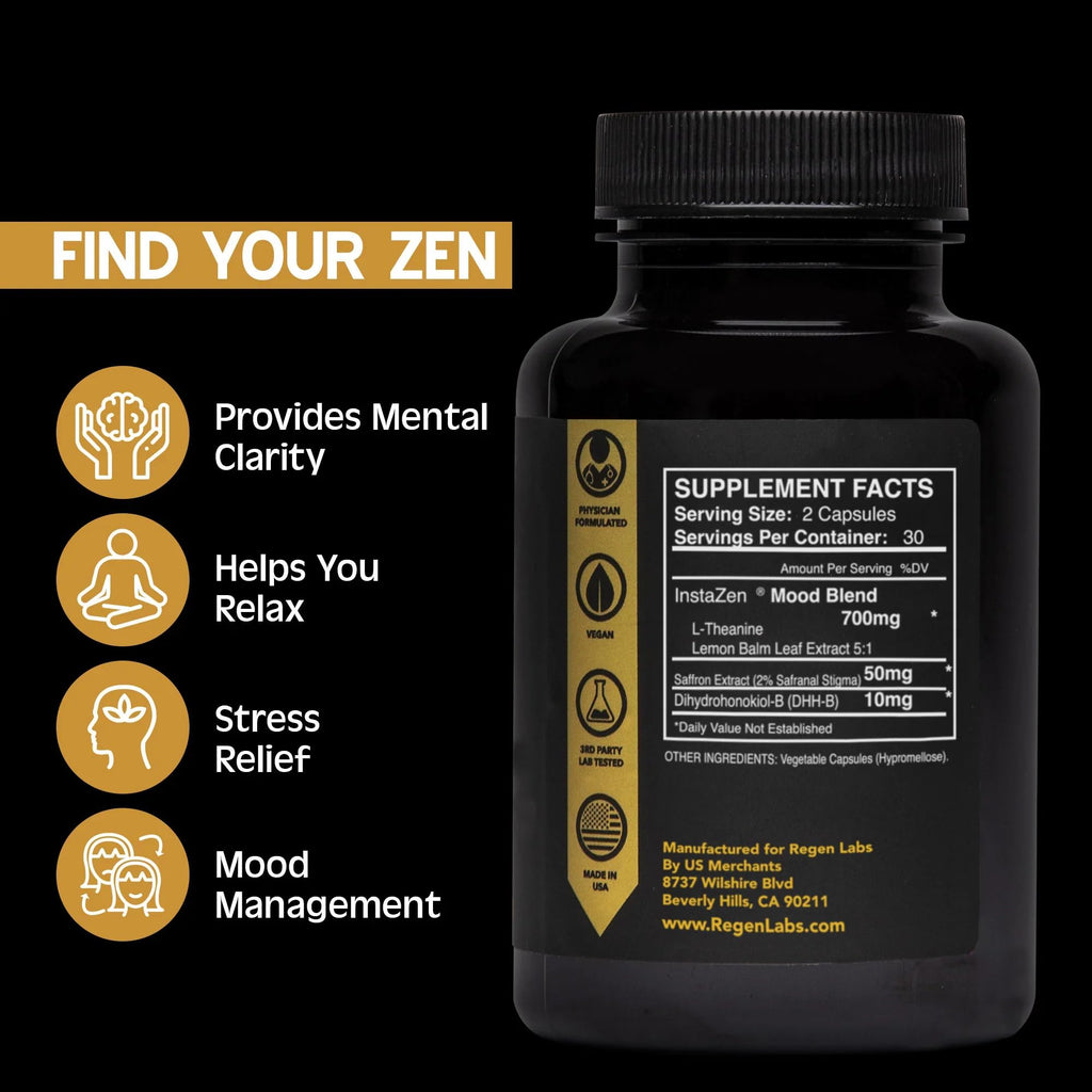 InstaZen Natural Stress Relief Supplement Mood Support | Doctor Formulated Herbal Calm Formula with DHHB, Safranal Extract, L-Theanine, Lemon Balm | Stress Support - 60 Capsules Regen Labs - TrustMedUSA