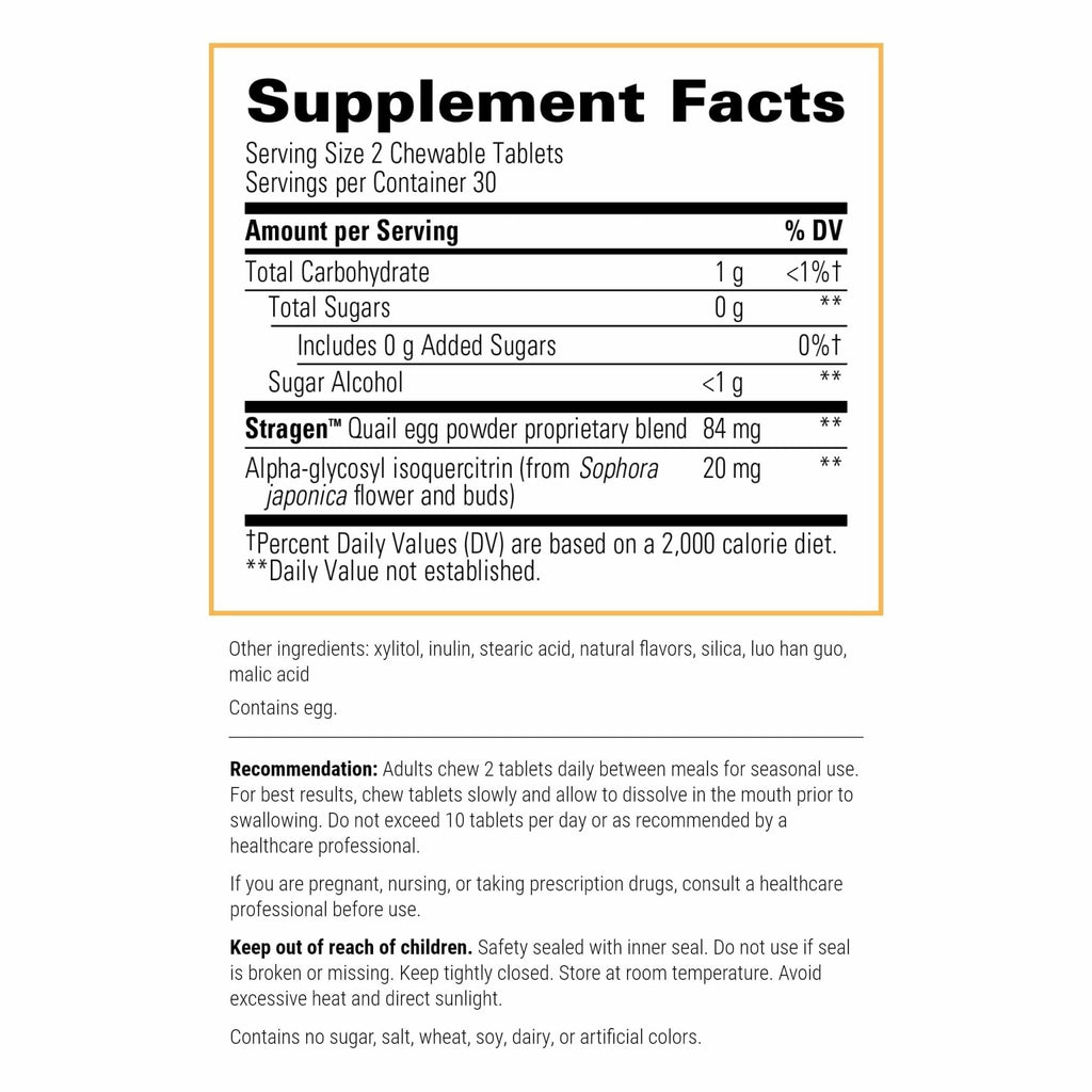 Integrative Therapeutics AllQlear - Seasonal Supplement for Immune Support *- Quail Egg Powder Blend - Dairy-Free - Berry Flavored, 60 Chewable Tablets (30 Servings) - TrustMedUSA