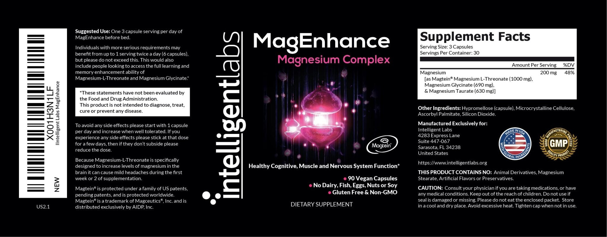 Intelligent Labs MagEnhance Magtein Magnesium Complex Supplement L-Threonate with Magnesium Glycinate and Taurate, 90 Capsules - TrustMedUSA