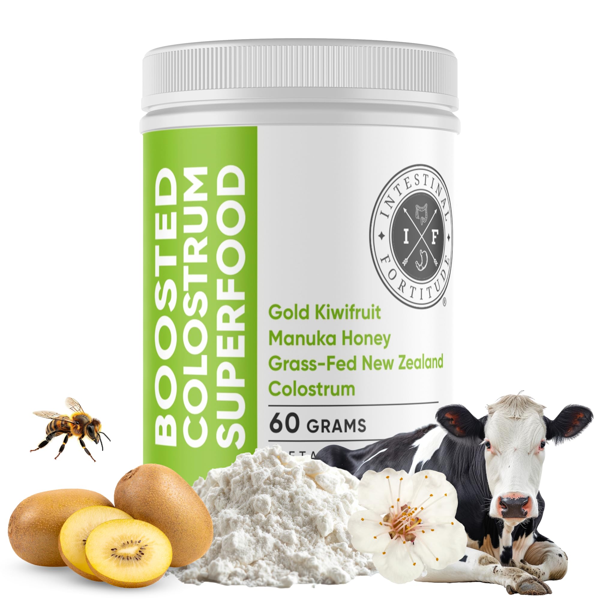 Intestinal Fortitude Boosted Colostrum Superfood Dietary Supplement: Grass-Fed New Zealand Bovine Colostrum, Gold Kiwifruit, Manuka Honey, for Digestion, Immune System, and Gut Health (60 Grams) - TrustMedUSA