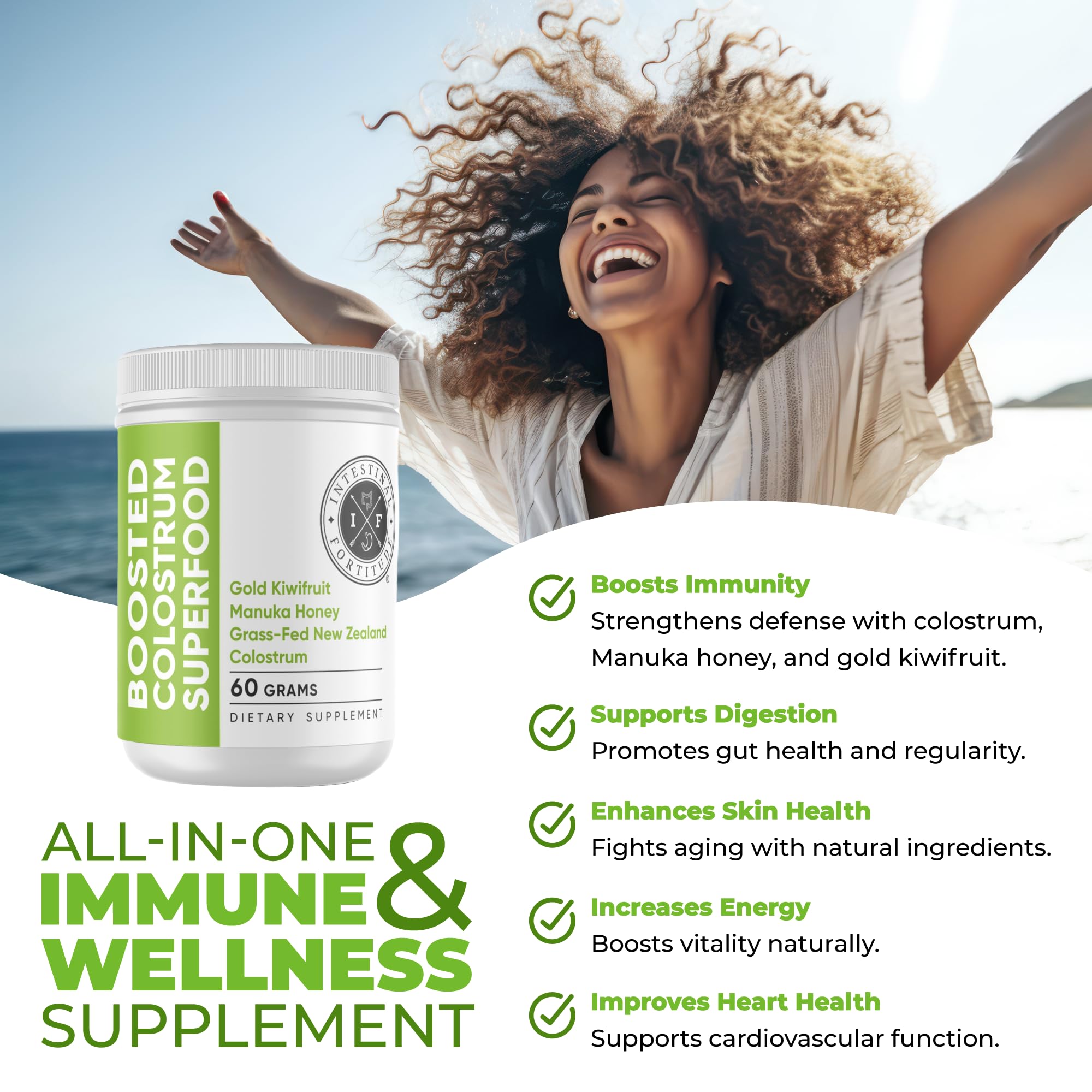 Intestinal Fortitude Boosted Colostrum Superfood Dietary Supplement: Grass-Fed New Zealand Bovine Colostrum, Gold Kiwifruit, Manuka Honey, for Digestion, Immune System, and Gut Health (60 Grams) - TrustMedUSA