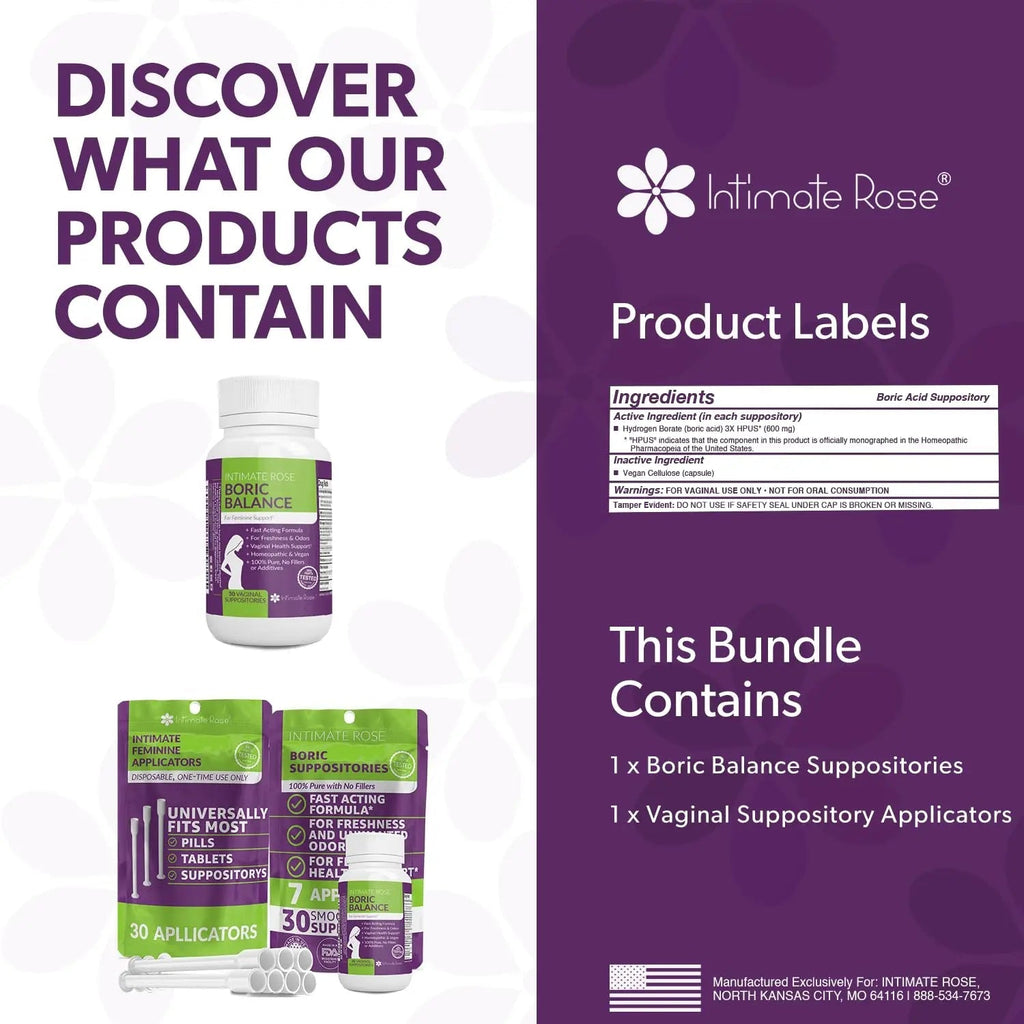 Intimate Rose Boric Acid Vaginal Suppositories - 30 Count (600mg) + 30 Applicators - Feminine Balance, Vaginal Odor, Promote Vaginal Health - TrustMedUSA