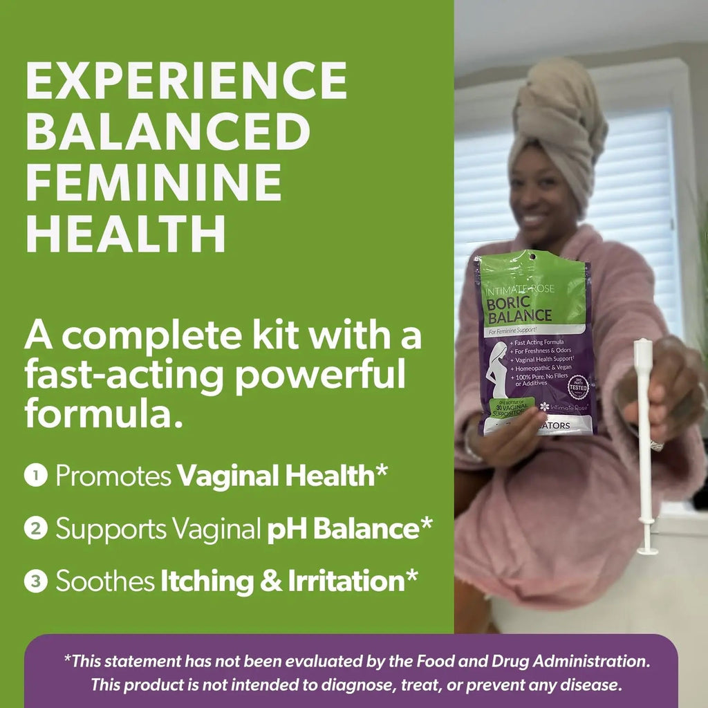 Intimate Rose Boric Acid Vaginal Suppositories - 30 Count (600mg) + 30 Applicators - Feminine Balance, Vaginal Odor, Promote Vaginal Health - TrustMedUSA