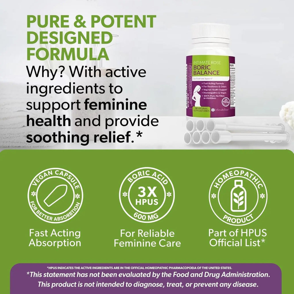 Intimate Rose Boric Acid Vaginal Suppositories - 30 Count (600mg) + 30 Applicators - Feminine Balance, Vaginal Odor, Promote Vaginal Health - TrustMedUSA