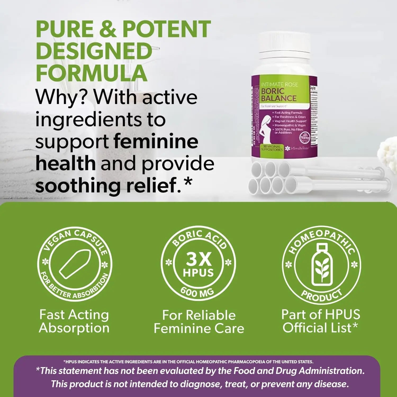 Intimate Rose Boric Acid Vaginal Suppositories - 30 Count (600mg) + 30 Applicators - Feminine Balance, Vaginal Odor, Promote Vaginal Health - TrustMedUSA