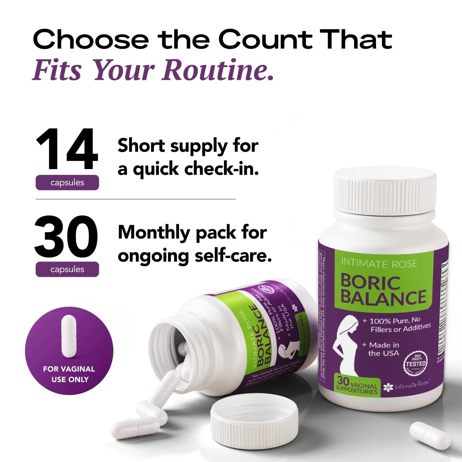 Intimate Rose Boric Acid Vaginal Suppositories, 30 Count for Feminine Deodorizing & Freshness - Vegan Capsules - TrustMedUSA