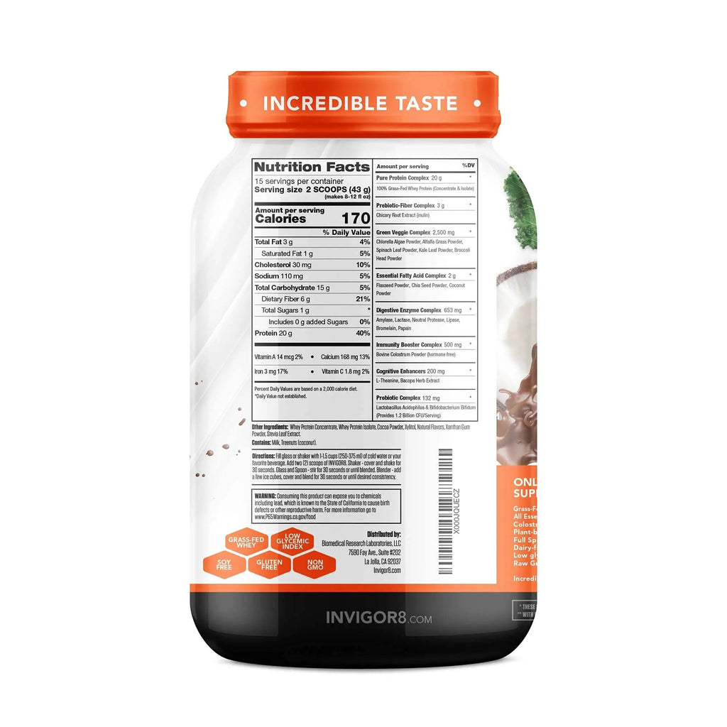 INVIGOR8 Superfood Grass Fed Whey Protein Isolate Shake Chocolate Brownie Gluten - TrustMedUSA