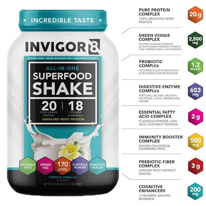 INVIGOR8 Superfood Grass Fed Whey Protein Isolate Shake French Vanilla Gluten-Free - TrustMedUSA