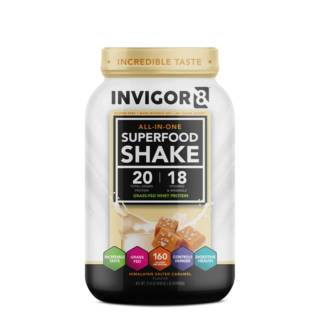 INVIGOR8 Superfood Grass Fed Whey Protein Isolate Shake Himalayan Salted Caramel - TrustMedUSA