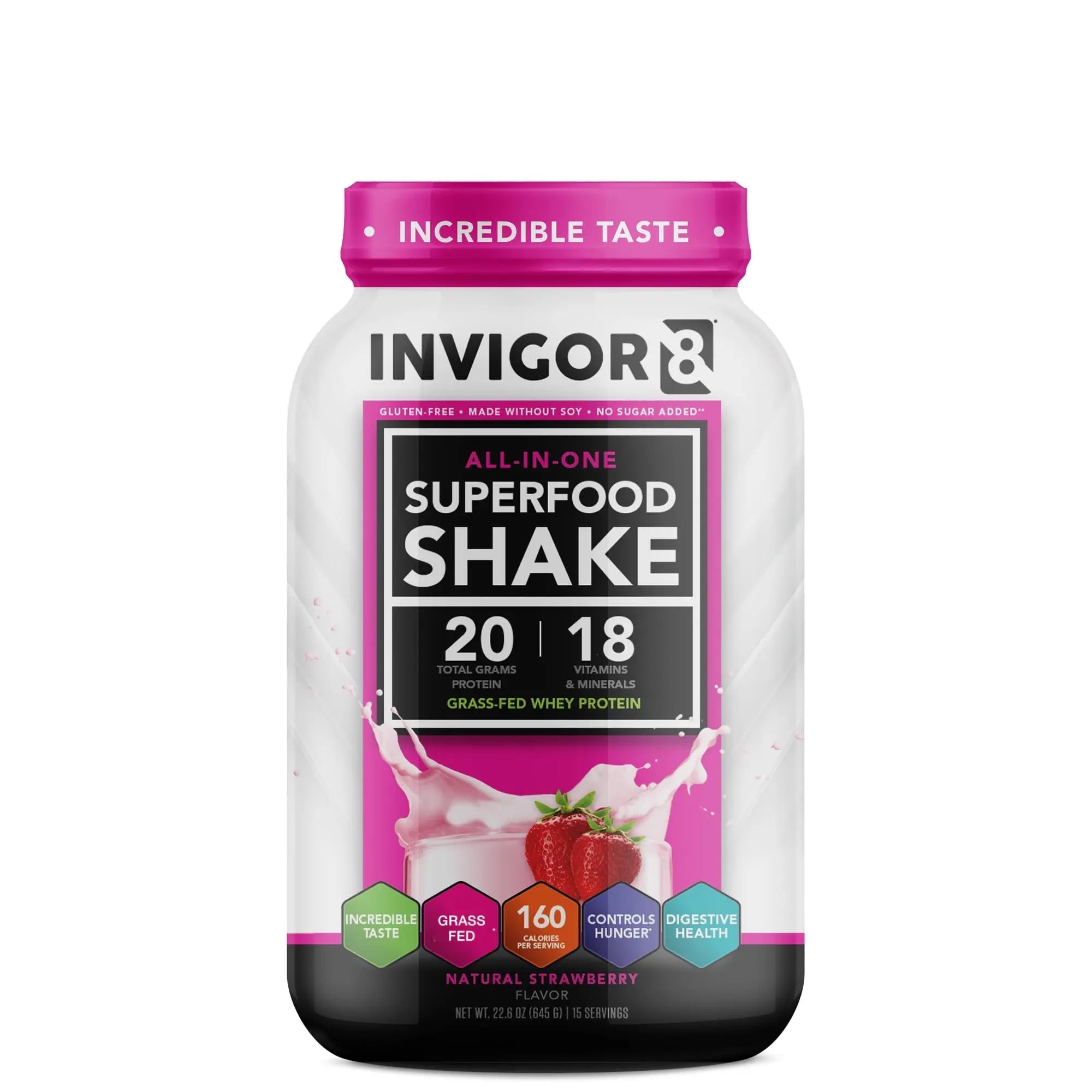INVIGOR8 Superfood Grass Fed Whey Protein Isolate Shake Natural Strawberry Gluten-Free - TrustMedUSA